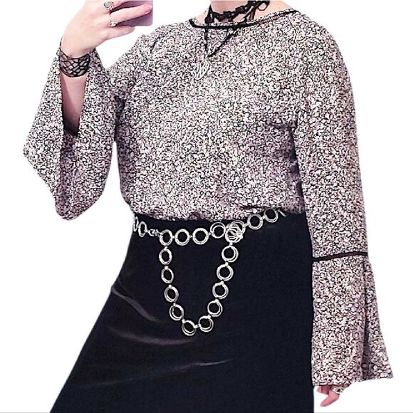 LOFT Pink Black Floral Crochet Trim Long Bell Sleeves Boho Blouse Large - Picture 7 of 13